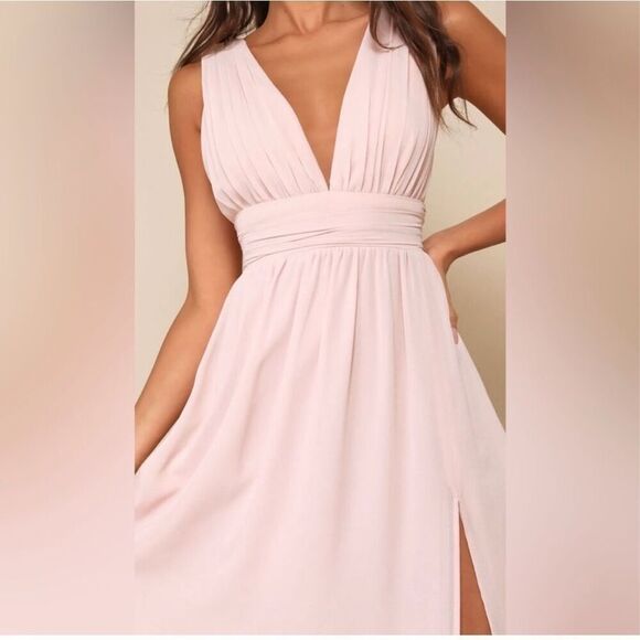 Lulus XL Plunge Neck Flowy Maxi Dress Blush Pink High Slit Romantic Ethereal - Picture 8 of 15